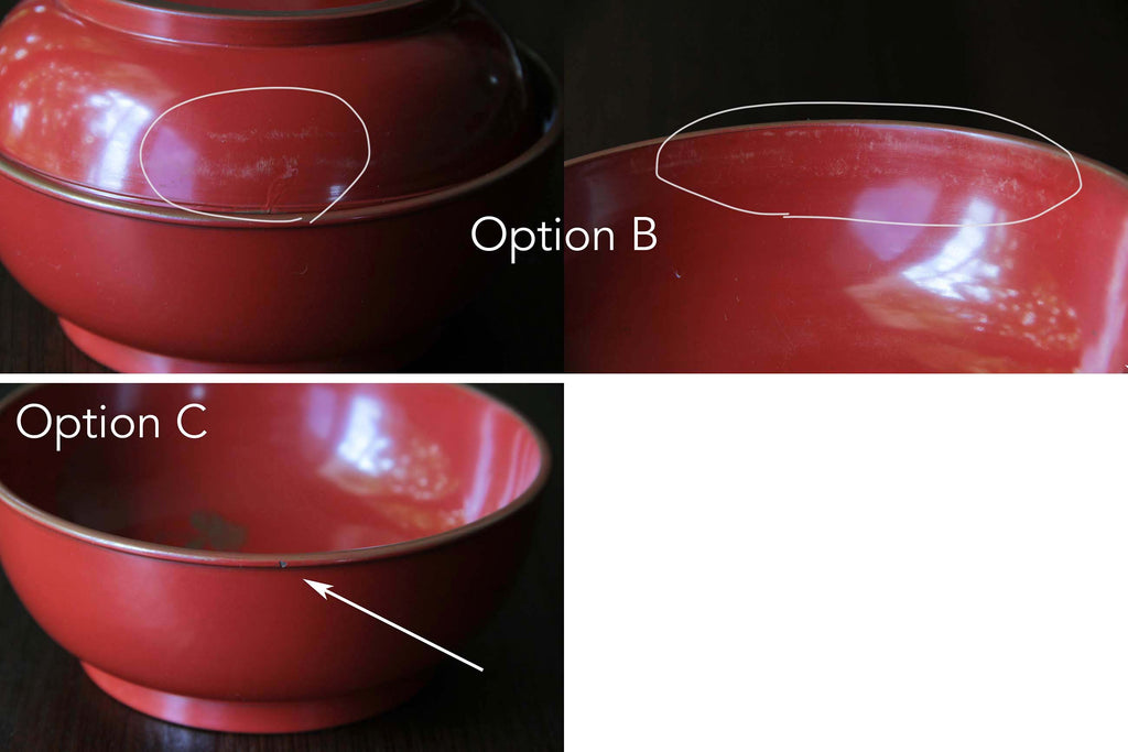 Photos showing minor wear and small chip on rim of vintage lacquer bowl