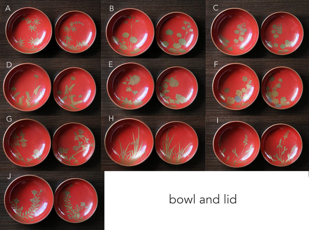 Close-ups of floral Maki-e patterns
labeled A through J on red lacquer bowls
