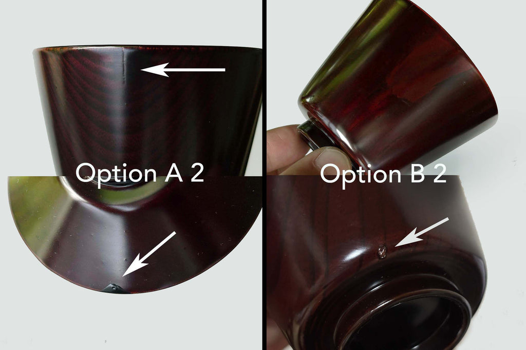 Close-up comparison of imperfections on Option A and Option B lacquerware bowls.