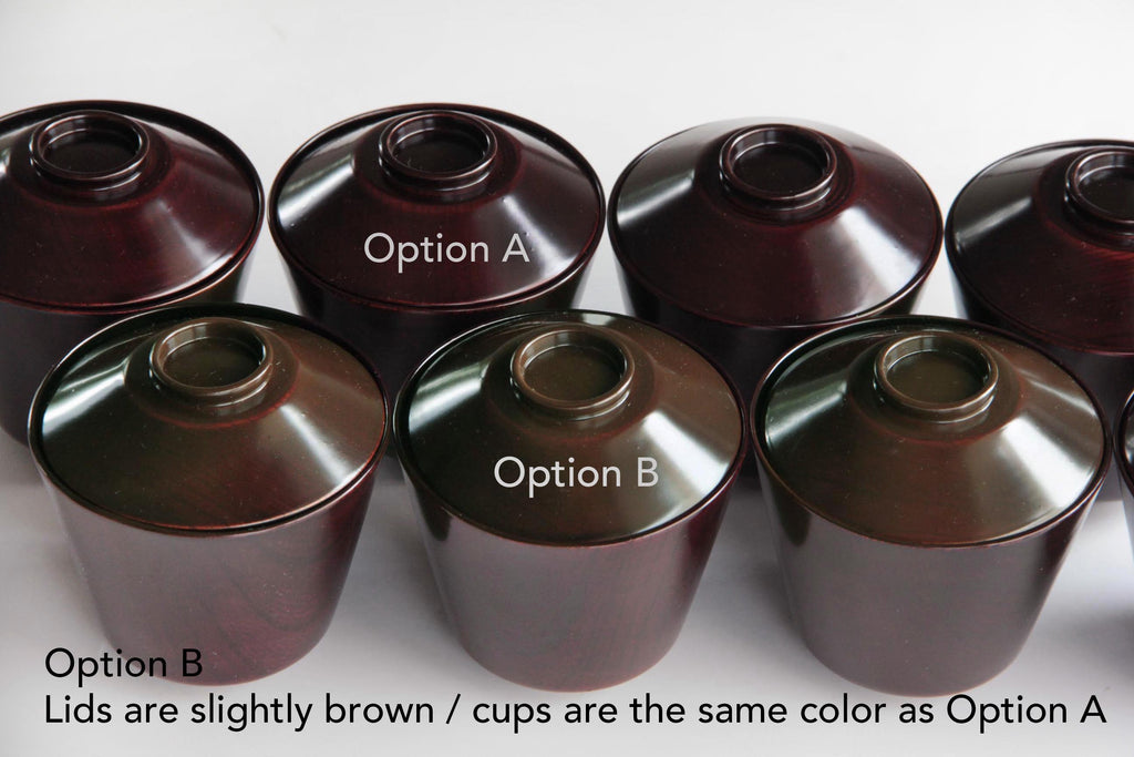 Two rows of lacquerware bowls labeled Option A and Option B with lid color variations.