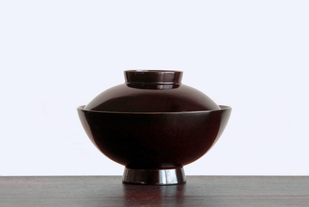 Japanese Owan bowl. black wooden bowl with lid. Japanese food tableware