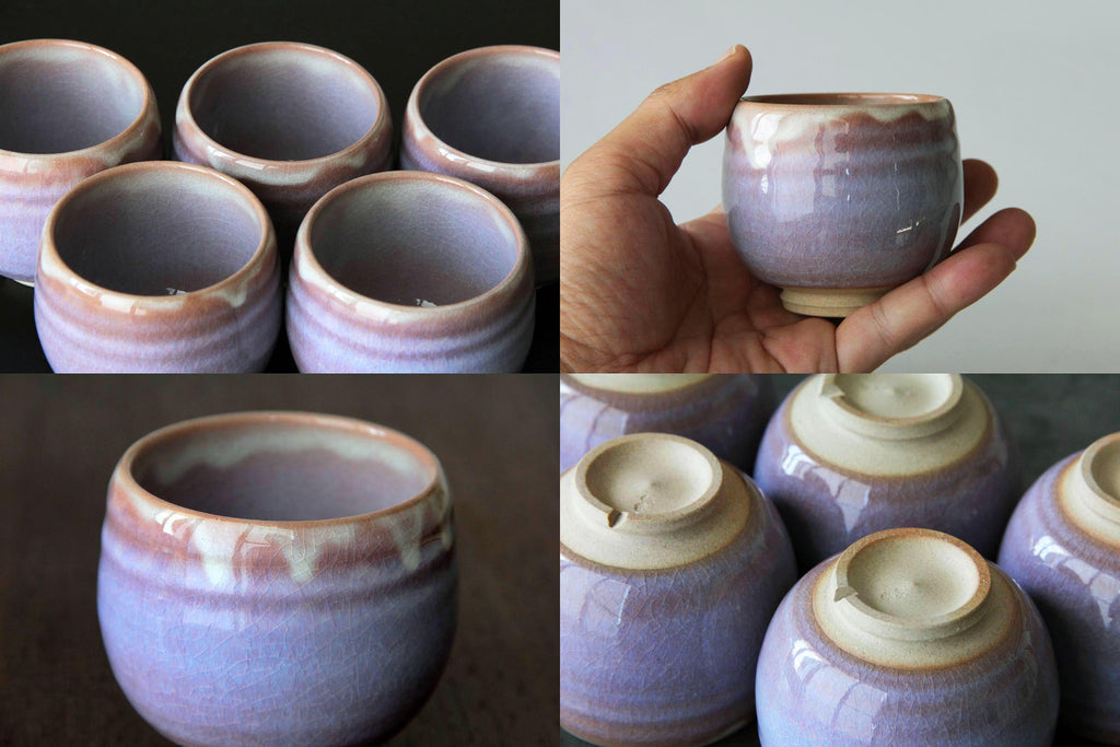 Multiple views of pink and purple glazed Hagi ware yunomi cups including hand-held and
base angles