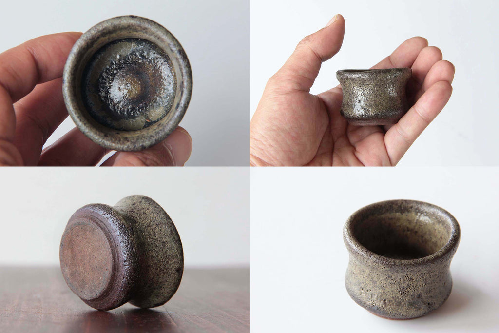 Top and hand-held views of a small Bizen ware sake cup with rustic texture and natural ash glaze