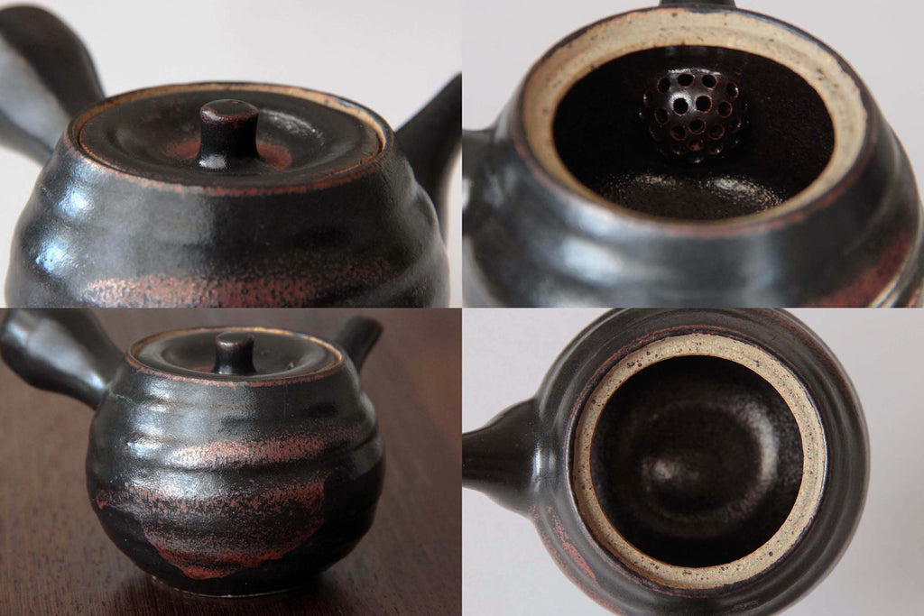 Close-up views of a Satsuma ware teapot showing interior strainer, spout, and textured
glaze