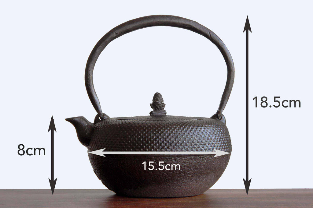 Japanese Tetsubin iron kettle.  Side view to show the size.