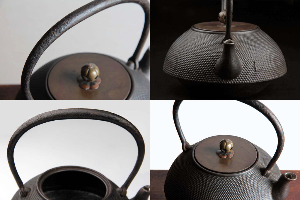 Composite image of a traditional Japanese cast iron kettle (Tetsubin) with copper lid, showing close-up of the handle, spout detail, open top view, and full side view with textured surface