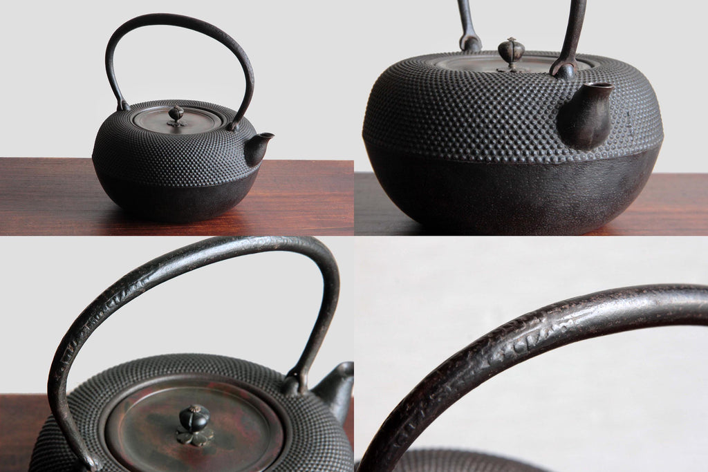 Close-up views of copper lids with knob details for Japanese kettle