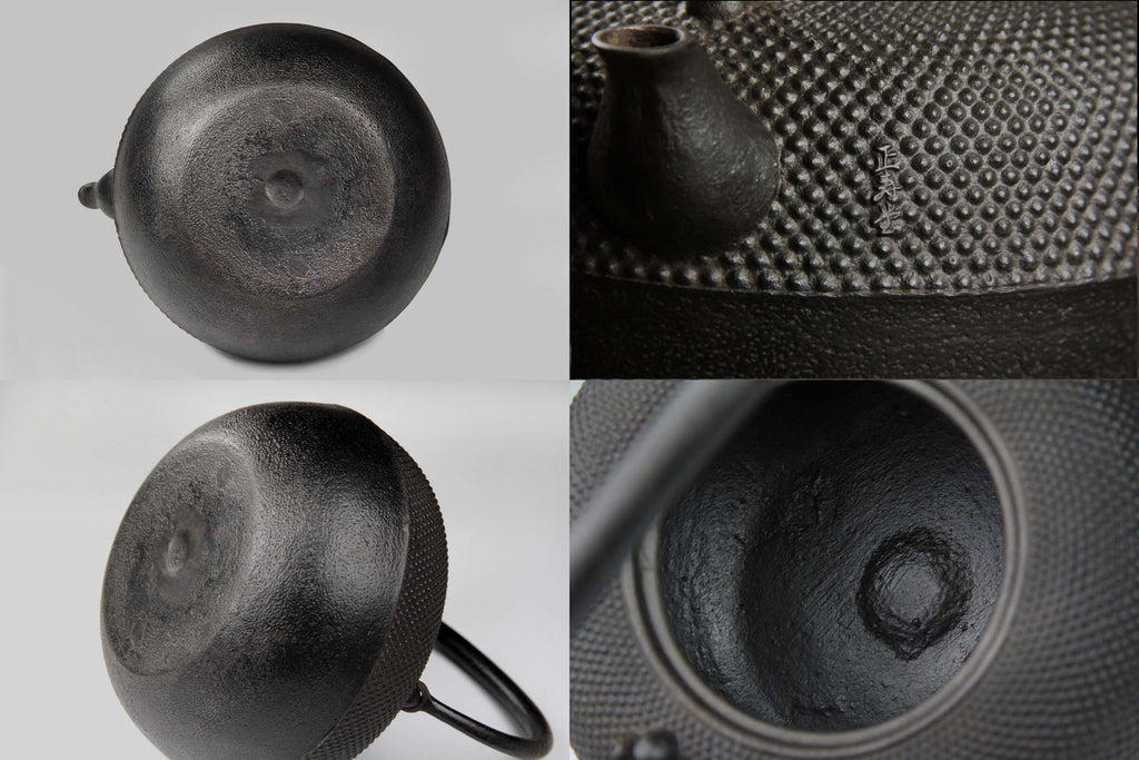 Detailed views of Japanese cast iron kettle including spout, handle, maker’s mark, and interior