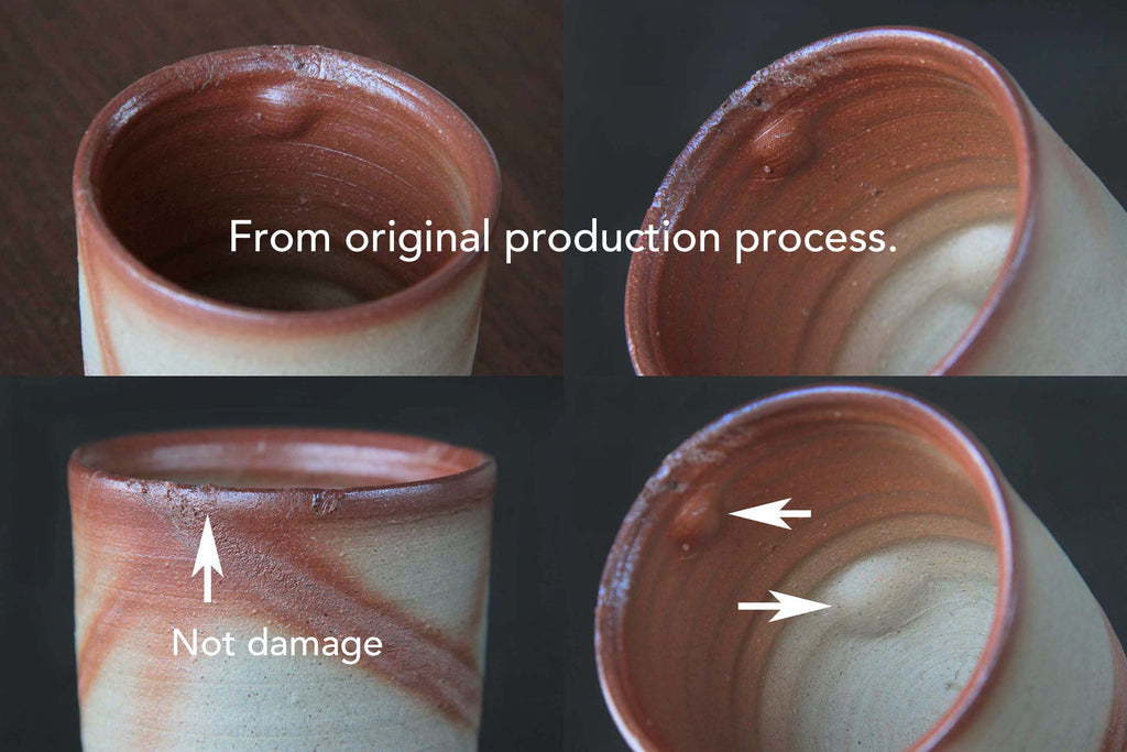 Detail images showing natural marks and firing effects on the rim and interior of the cup