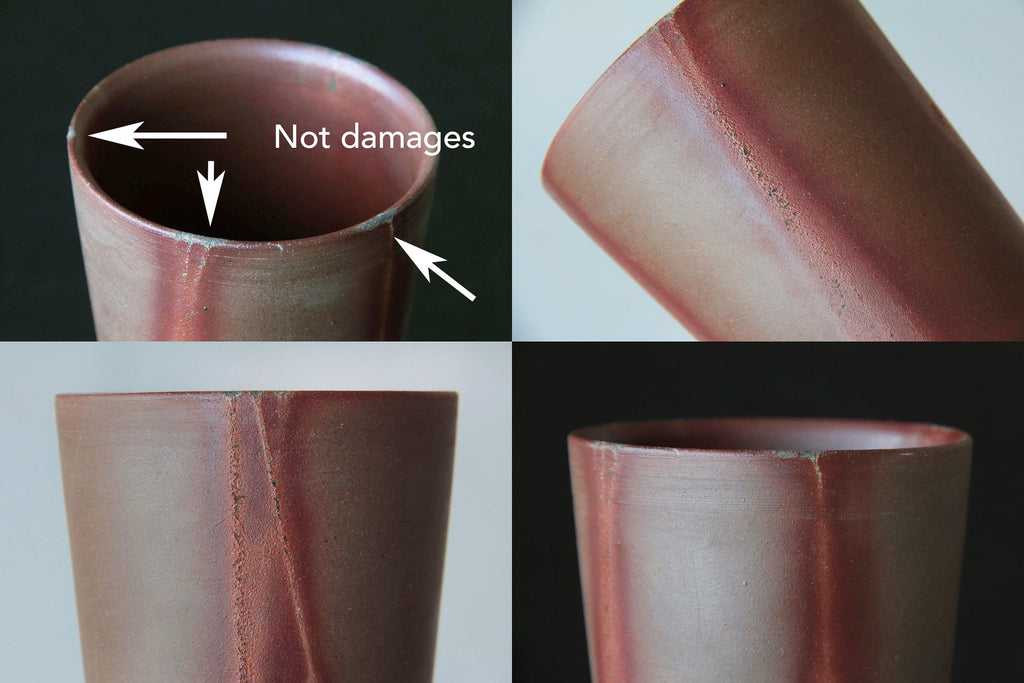 Four close-ups of a Bizen mug showing that the irregularities on the rim are not damages.