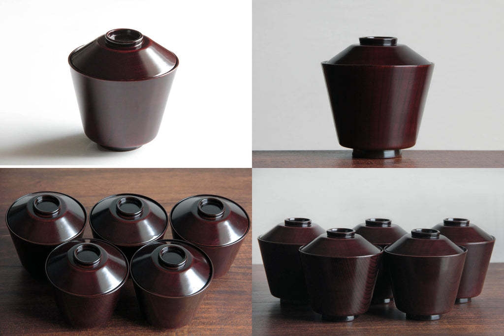 Multiple lacquerware bowls shown from different angles on white and wood backgrounds.