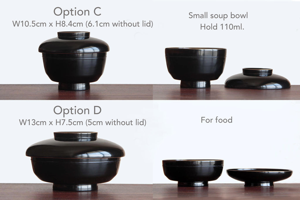 Rich black Urushi, Japanese Kaiseki tableware. Lidded wooden bowl.