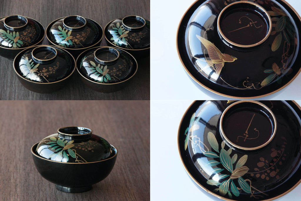 Japanese tableware. Lidded bowl with Urushi lacquer.