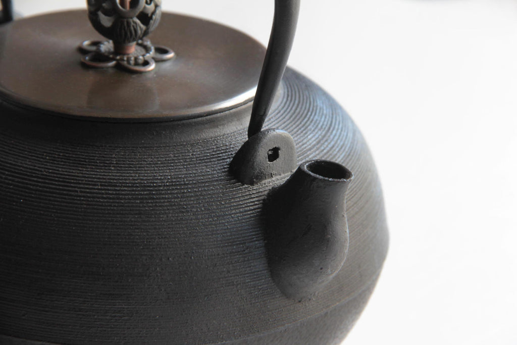 Close-up views of vintage Japanese cast iron kettle showing minor surface wear and texture details