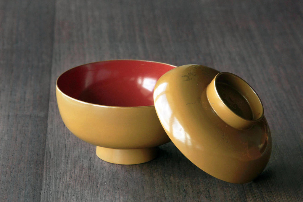 Japanese Owan bowl. Yellow wooden bowl with lid. Japanese food tableware