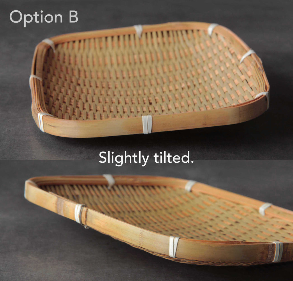 Option B rectangular bamboo tray slightly tilted, shown from two different angles