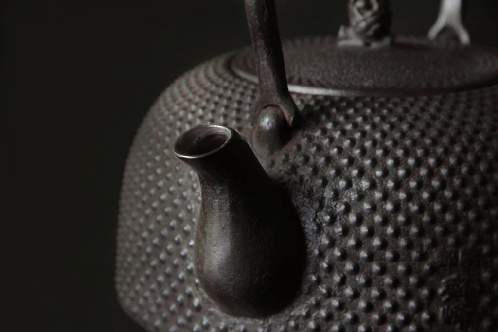 Side and angled views of Japanese cast
iron kettle showing its curved spout and
textured body
