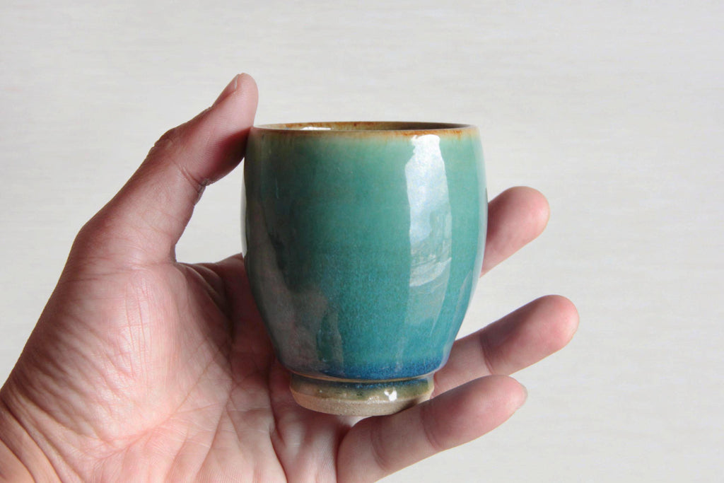 deep green and blue ceramic cup. Japanese Otaru kiln pottery.