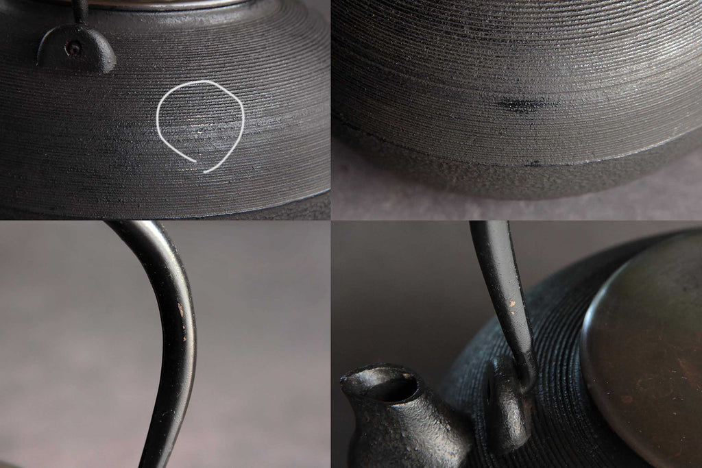 Detailed shots of lid design, handle
engravings, and knob on traditional iron
kettle