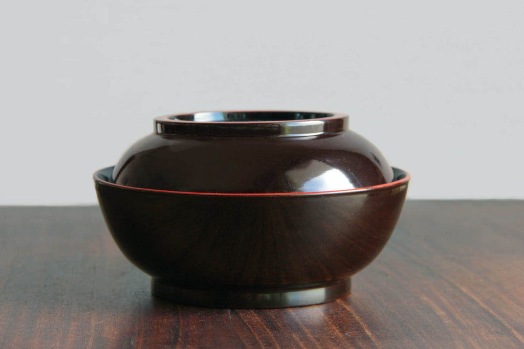 Dark brown antique Japanese Owan soup bowl with subtle red rim highlighting the lid and foot