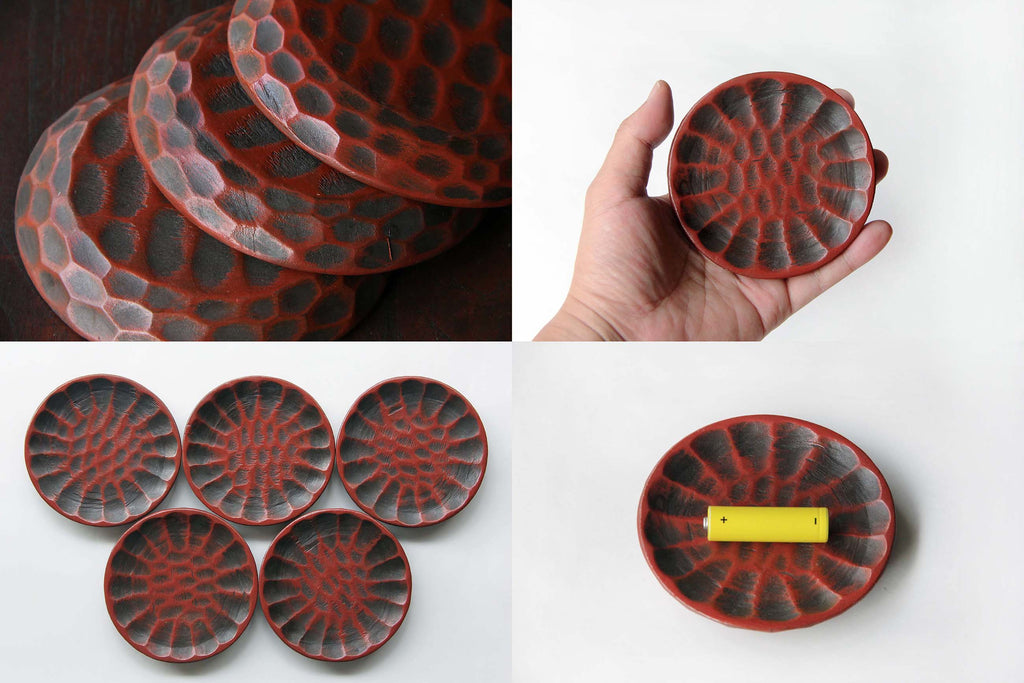 Red carved wooden dish, Japanese artisan craft