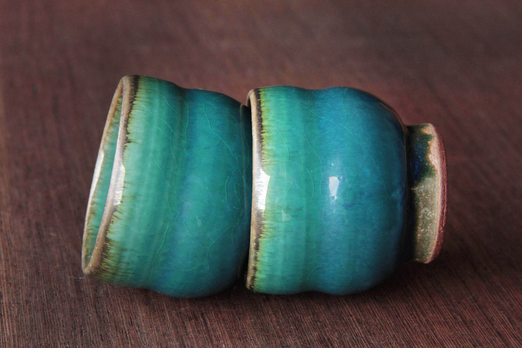 deep green and blue ceramic cup. Japanese Otaru kiln pottery.