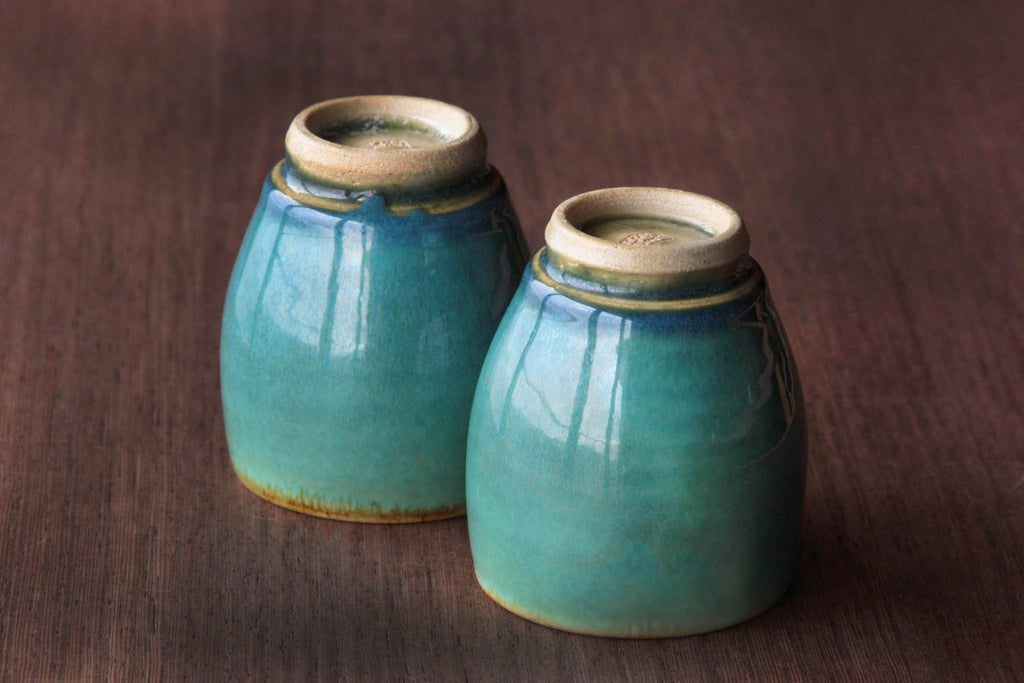 deep green and blue ceramic cup. Japanese Otaru kiln pottery.