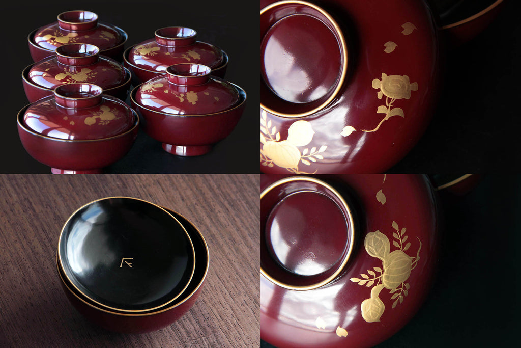 Japanese Urushi Lacquerware with gold Makie drawing. Lidded soup bowl. 