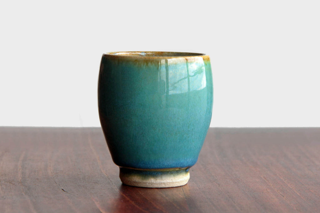 deep green and blue ceramic cup. Japanese Otaru kiln pottery.