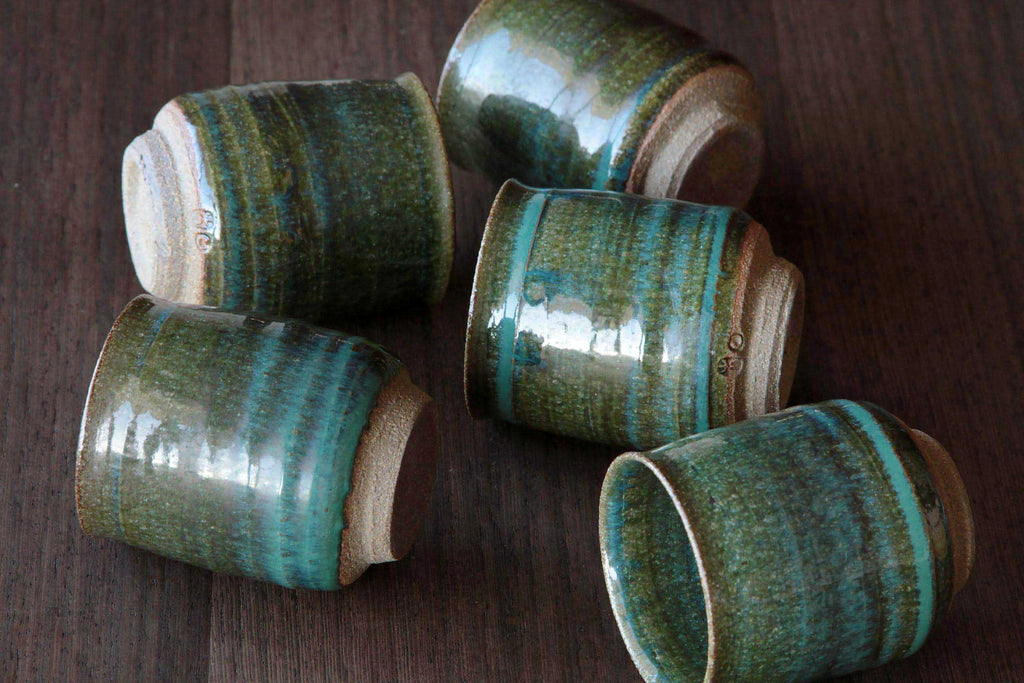 Green glaze tea cup. Japanese Agano pottery.