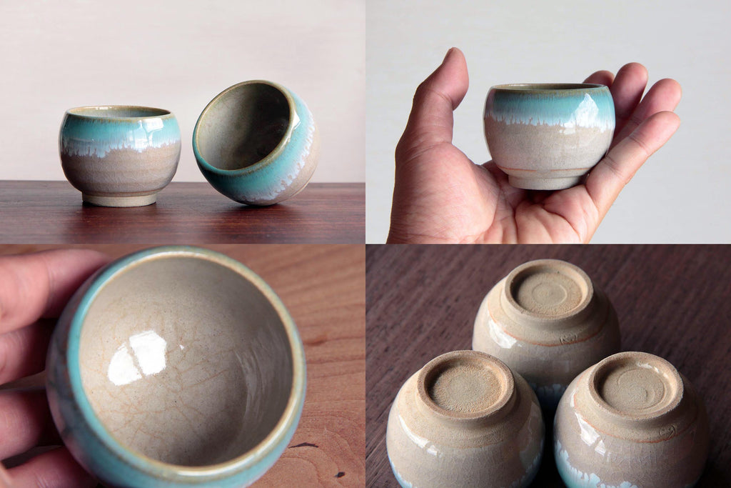 blue and green glaze round shape tea cup from Agano ware.