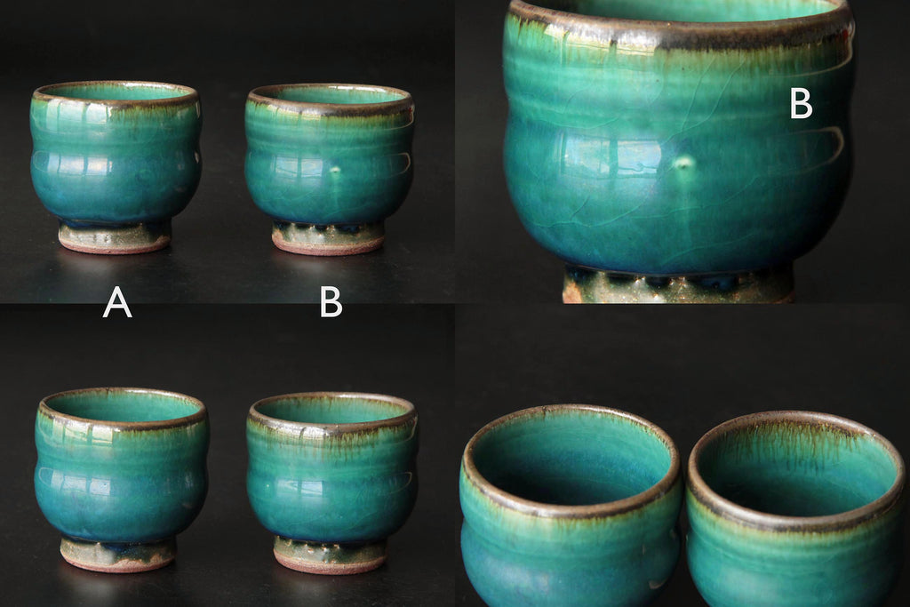 deep green and blue ceramic cup. Japanese Otaru kiln pottery.