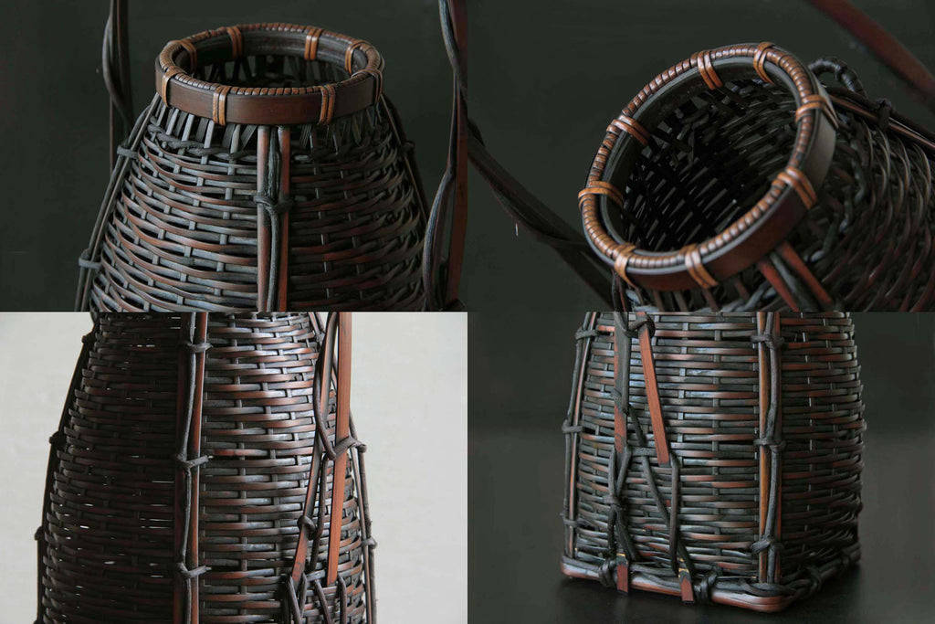 Close up details of hand woven bamboo vase showing interlaced vertical and horizontal strips