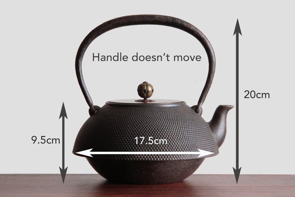 Traditional Japanese cast iron kettle (Tetsubin) with fixed handle, showing measurements of 20 cm height, 17.5 cm width, and 9.5 cm body height
