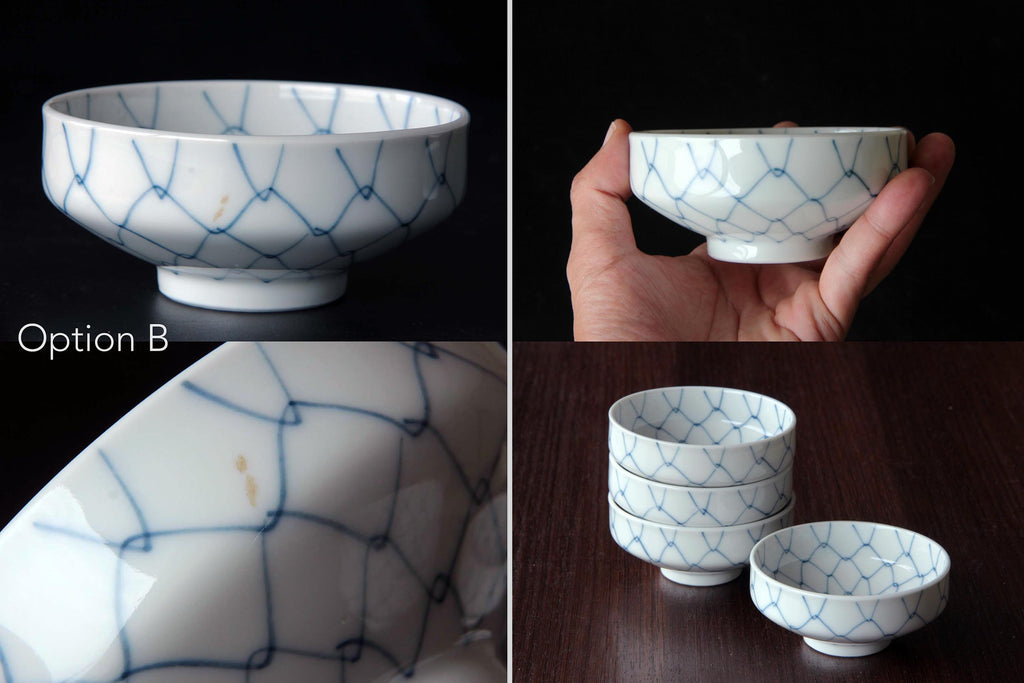 Close-up of one bowl with blue net pattern and small brown spot, shown from side, in hand, detail,
and stacked