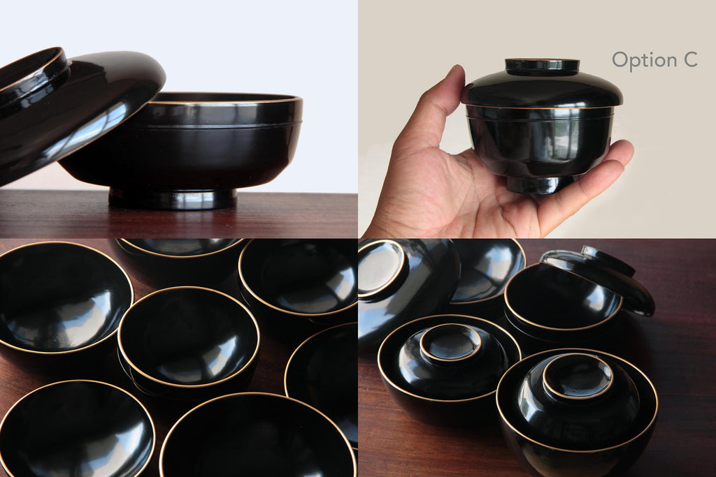 Rich black Urushi, Japanese Kaiseki tableware. Lidded wooden bowl.