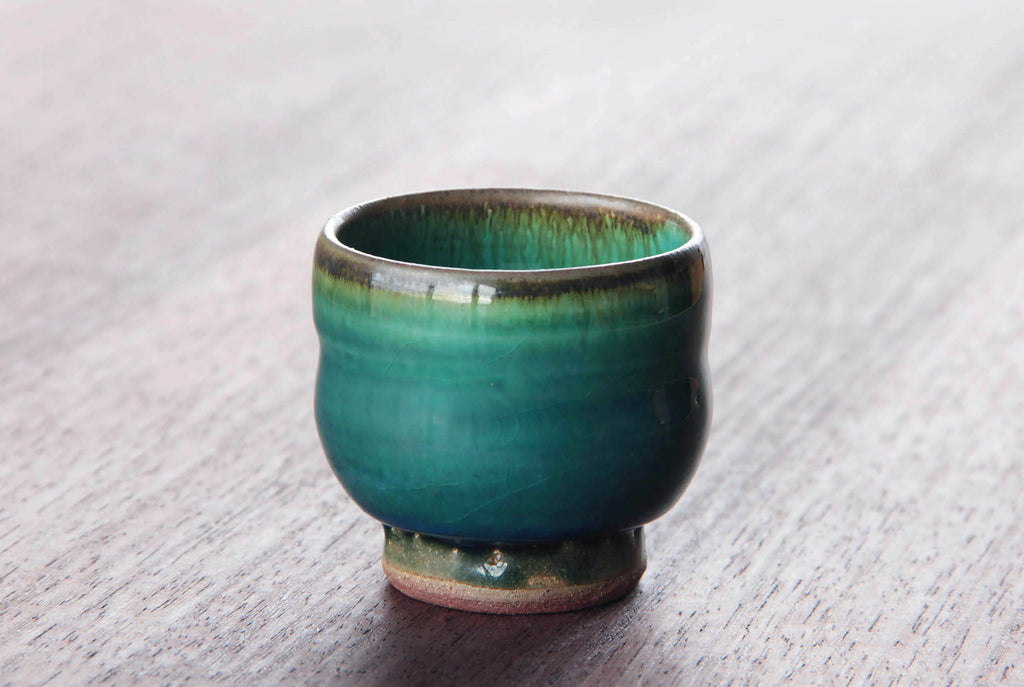 deep green and blue ceramic cup. Japanese Otaru kiln pottery.