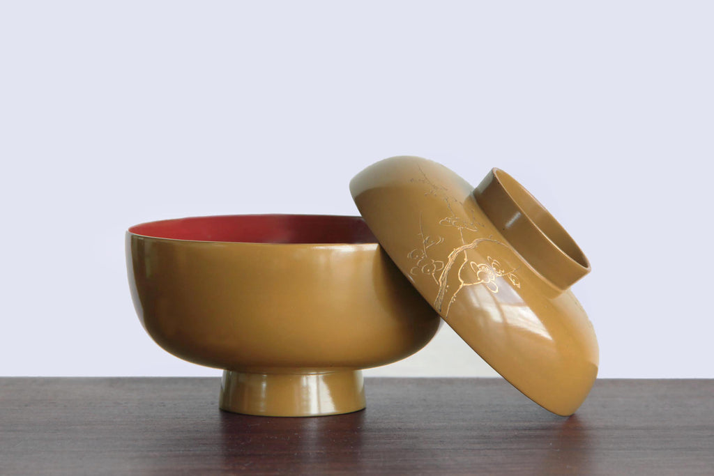 Japanese Owan bowl. Yellow wooden bowl with lid. Japanese food tableware