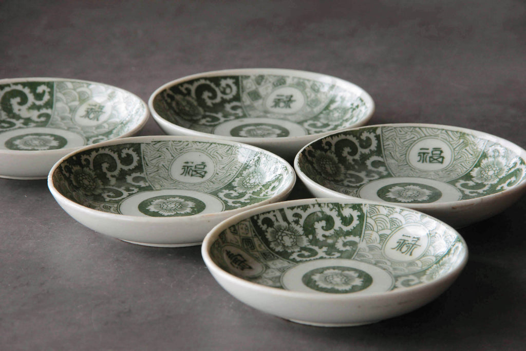 Antique ceramic dish, green tableware, Japanese pottery