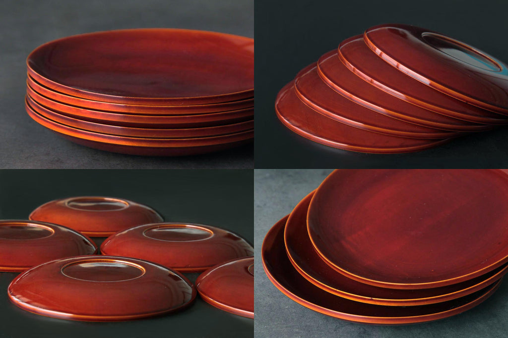 Various angled views of the Hida Shunkei lacquerware plates showing their thin edges and
elegant gloss