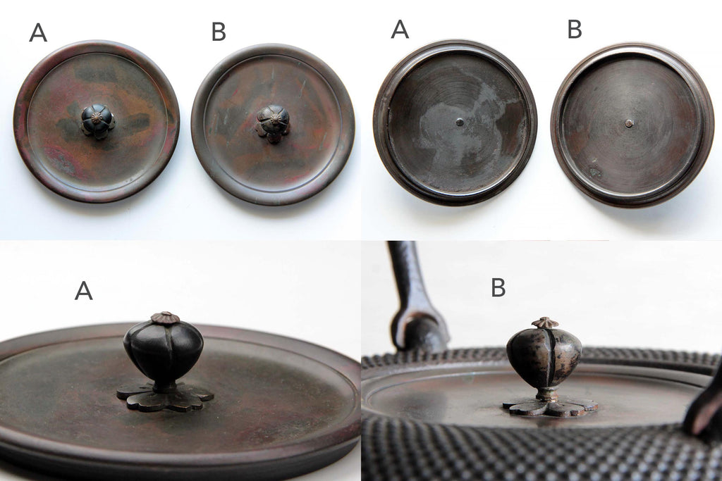 Comparison of two copper lids labeled A and B for Japanese cast iron kettle