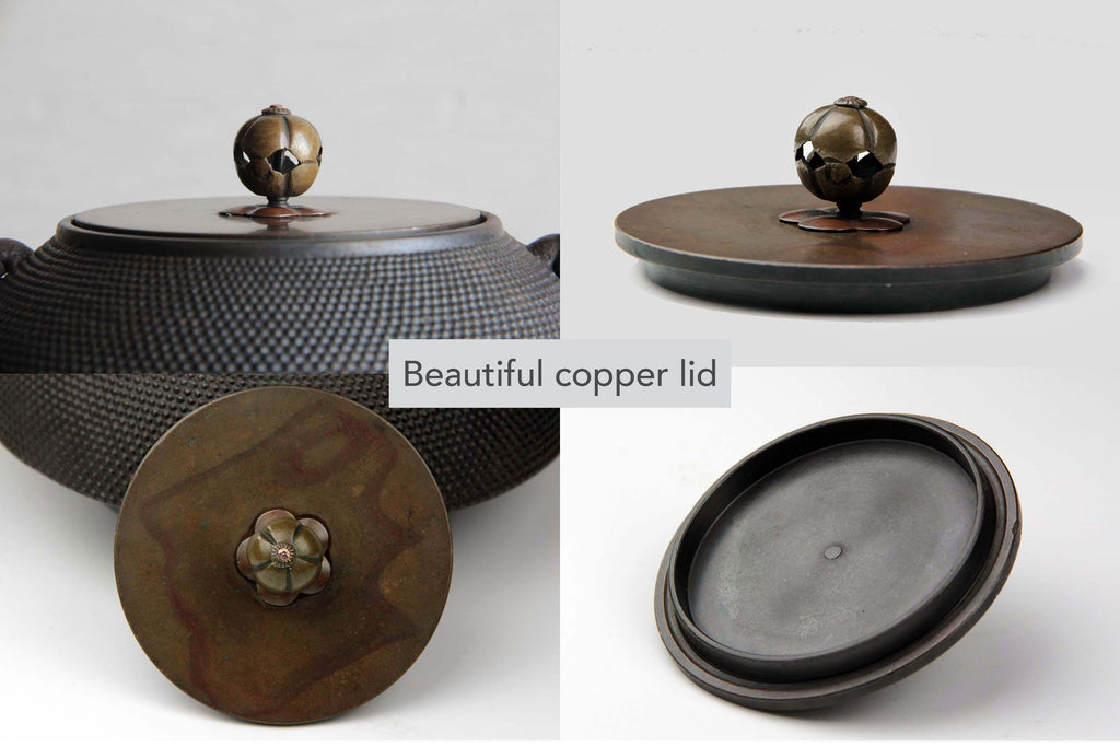 Composite image of a Japanese cast iron kettle’s copper lid, showing the lid on the kettle, top view with floral knob, side view highlighting the round copper form, and underside with smooth surface