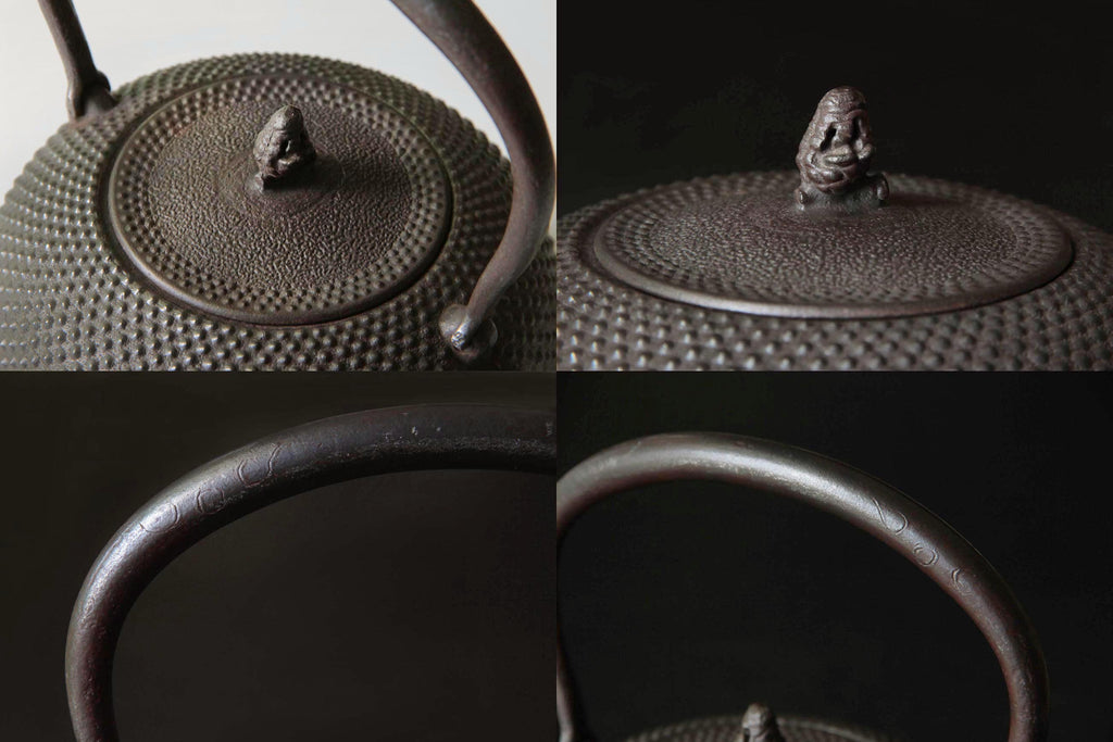 Detailed shots of lid design, handle
engravings, and knob on traditional iron
kettle