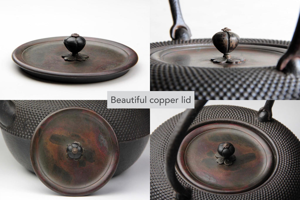 Beautiful copper lid of Japanese cast iron kettle shown in multiple angles