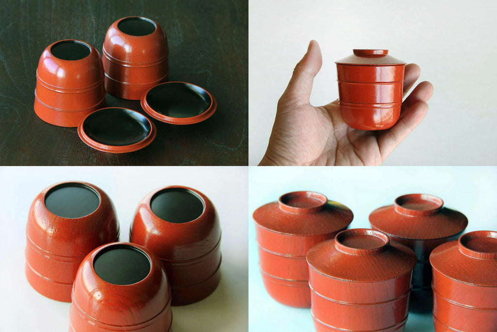 Red Urushi lacquered wooden cup with lid. Small soup bowl. Japanese tableware.