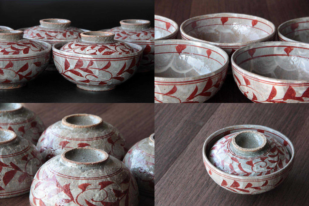 Lidded chawan bowl with red glaze drawing , Japanese pottery 