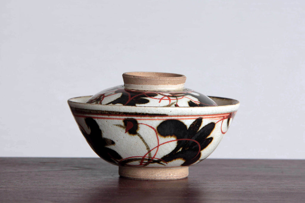 Vintage lidded chawan bowl by Rokube Kiyomizu, noted Japanese potter
