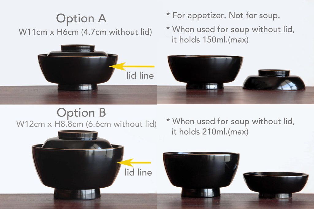 Rich black Urushi, Japanese Kaiseki tableware. Lidded wooden bowl.