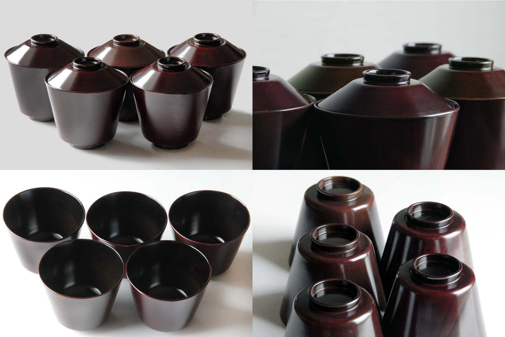 Four close-up images of five-piece lacquerware set from different perspectives.
