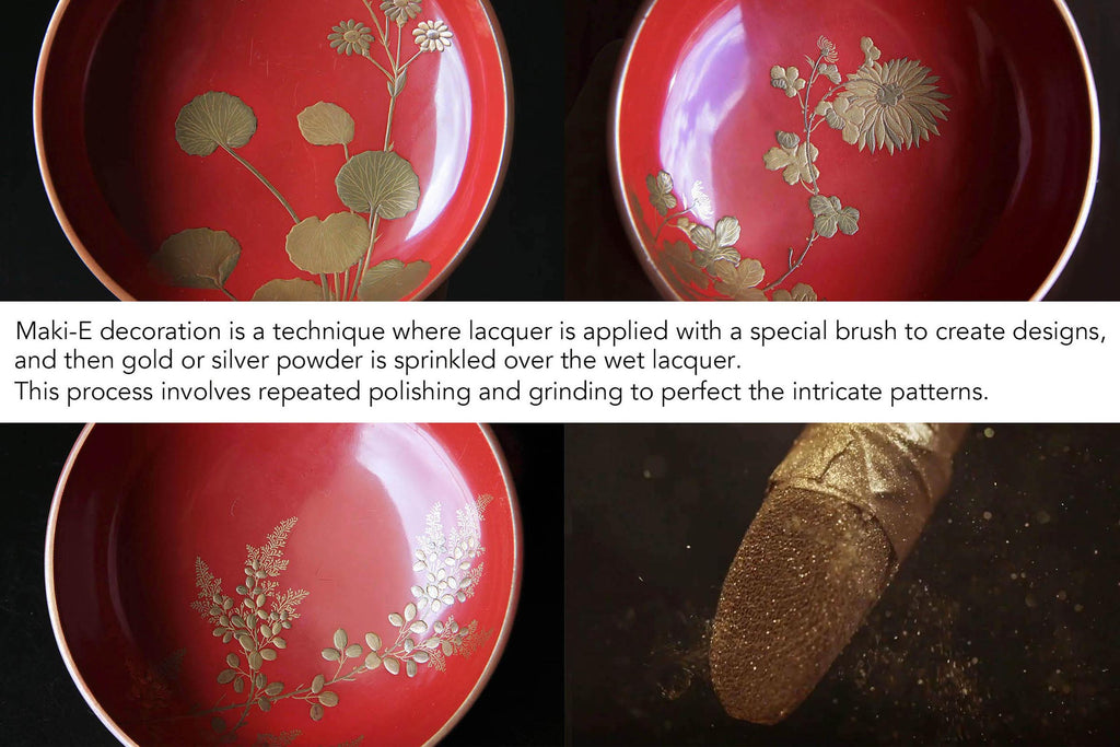 Close-up of Maki-e floral designs and gold powder application on red lacquer bowls